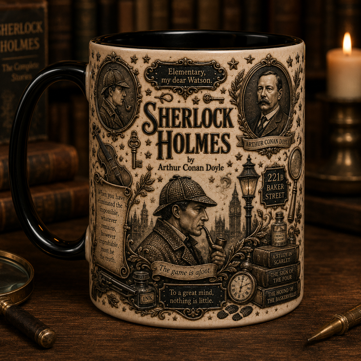 Sherlock Holmes Mug – Arthur Conan Doyle Literary Mug, 221B Baker Street Detective Coffee Cup, Vintage Book Lover Gift