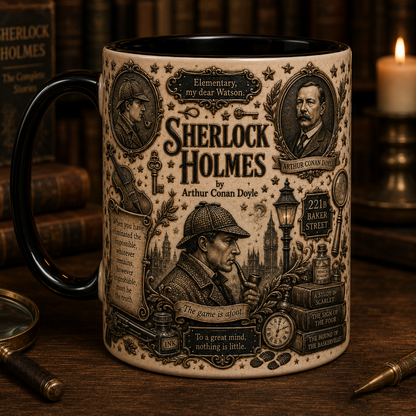 Sherlock Holmes Mug – Arthur Conan Doyle Literary Mug, 221B Baker Street Detective Coffee Cup, Vintage Book Lover Gift