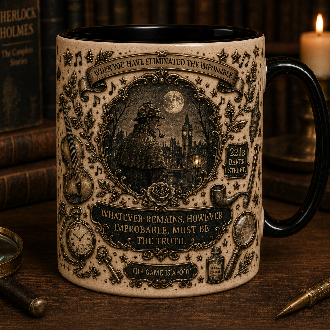 Sherlock Holmes Mug – Arthur Conan Doyle Literary Mug, 221B Baker Street Detective Coffee Cup, Vintage Book Lover Gift