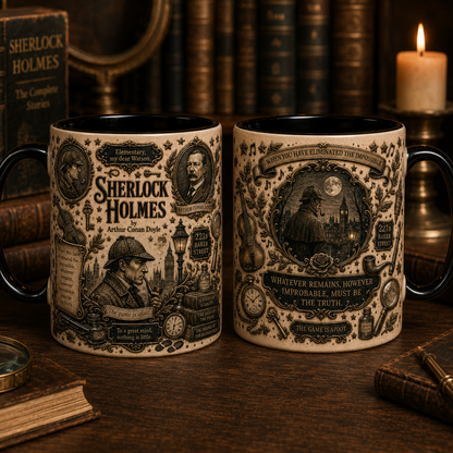 Sherlock Holmes Mug – Arthur Conan Doyle Literary Mug, 221B Baker Street Detective Coffee Cup, Vintage Book Lover Gift