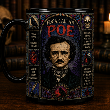 Edgar Allan Poe Stained Glass Mug, The Raven Coffee Mug, Gothic Literary Gift, Nevermore Raven Ceramic Mug, Dark Academia Book Lover Cup