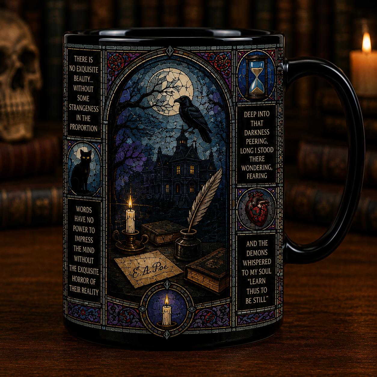Edgar Allan Poe Stained Glass Mug, The Raven Coffee Mug, Gothic Literary Gift, Nevermore Raven Ceramic Mug, Dark Academia Book Lover Cup