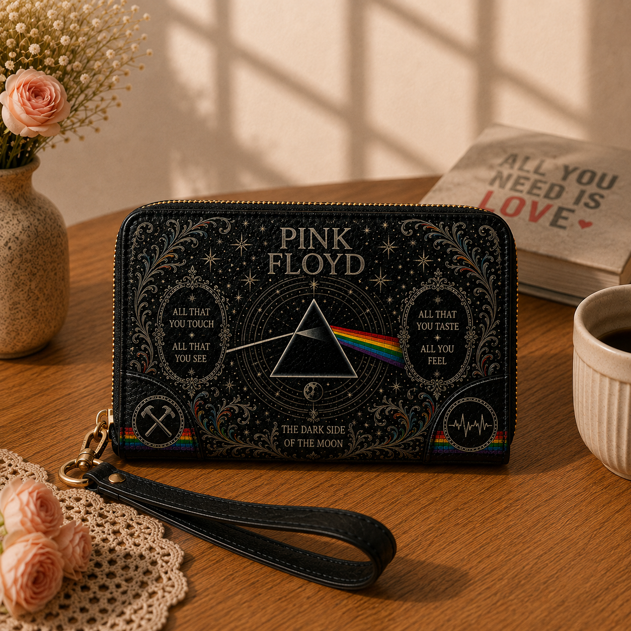 PinkFloyd The Dark Side of The Moon Handbag Tote Bag & Wallet Set, Vintage Music Lover Purse Set, Retro Pop Band Leather Bag, Matching Wallet Gift