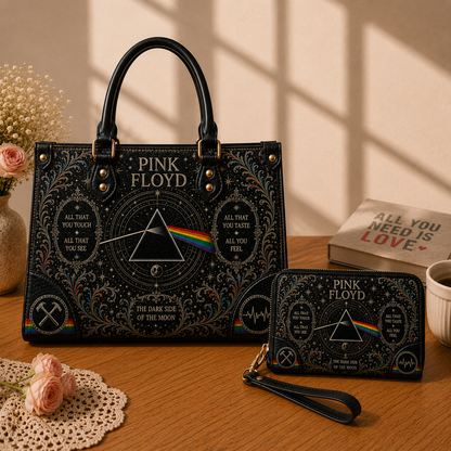 PinkFloyd The Dark Side of The Moon Handbag Tote Bag & Wallet Set, Vintage Music Lover Purse Set, Retro Pop Band Leather Bag, Matching Wallet Gift