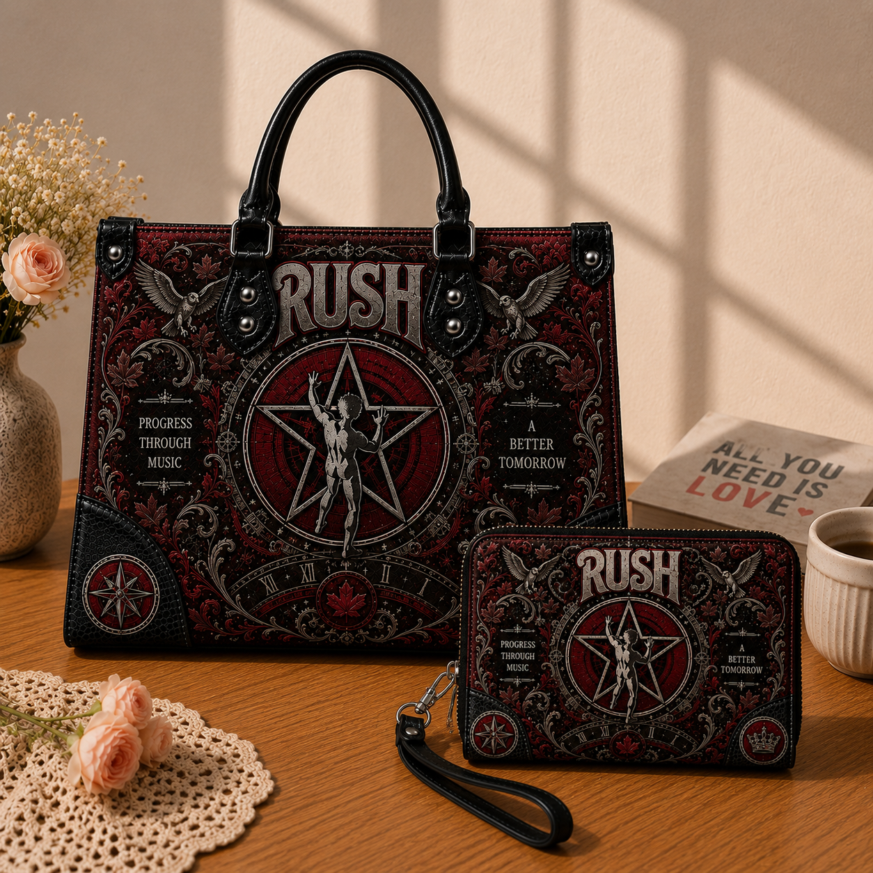 Rush Handbag Tote Bag & Wallet Set, Vintage Music Lover Purse Set, Retro Pop Band Leather Bag, Matching Wallet Gift