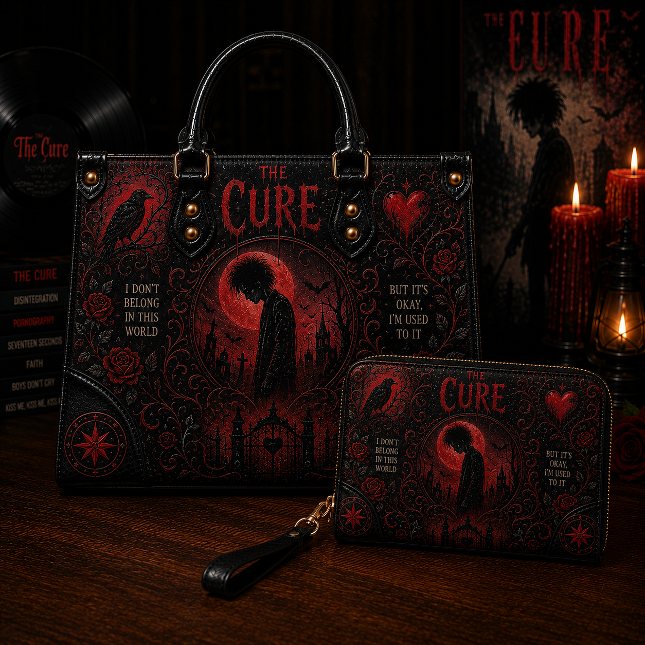 The Cure Handbag Tote Bag & Wallet Set, Vintage Music Lover Purse Set, Retro Pop Band Leather Bag, Matching Wallet Gift