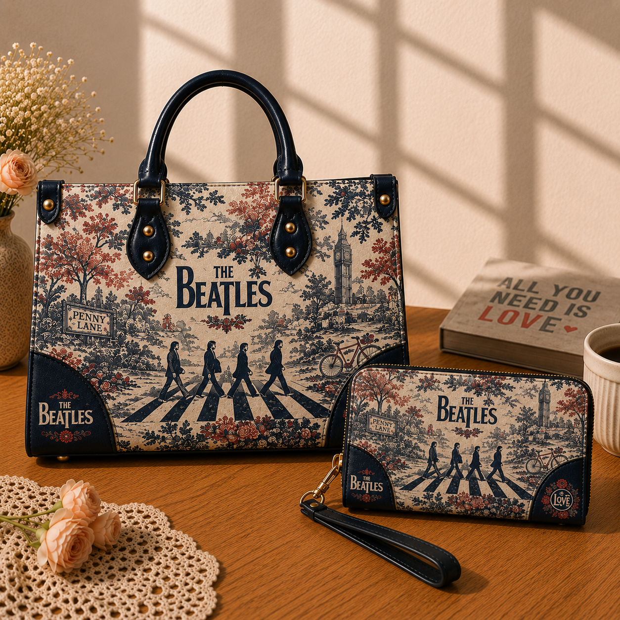 The Beatles Handbag Tote Bag & Wallet Set, Vintage Music Lover Purse Set, Retro Pop Band Leather Bag, Matching Wallet Gift
