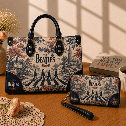 The Beatles Handbag Tote Bag & Wallet Set, Vintage Music Lover Purse Set, Retro Pop Band Leather Bag, Matching Wallet Gift