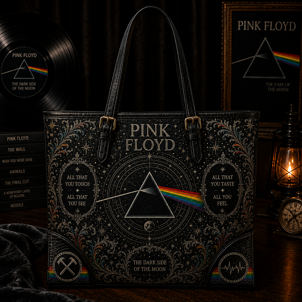 PinkFloyd The Dark Side of The Moon Handbag Tote Bag & Wallet Set, Vintage Music Lover Purse Set, Retro Pop Band Leather Bag, Matching Wallet Gift
