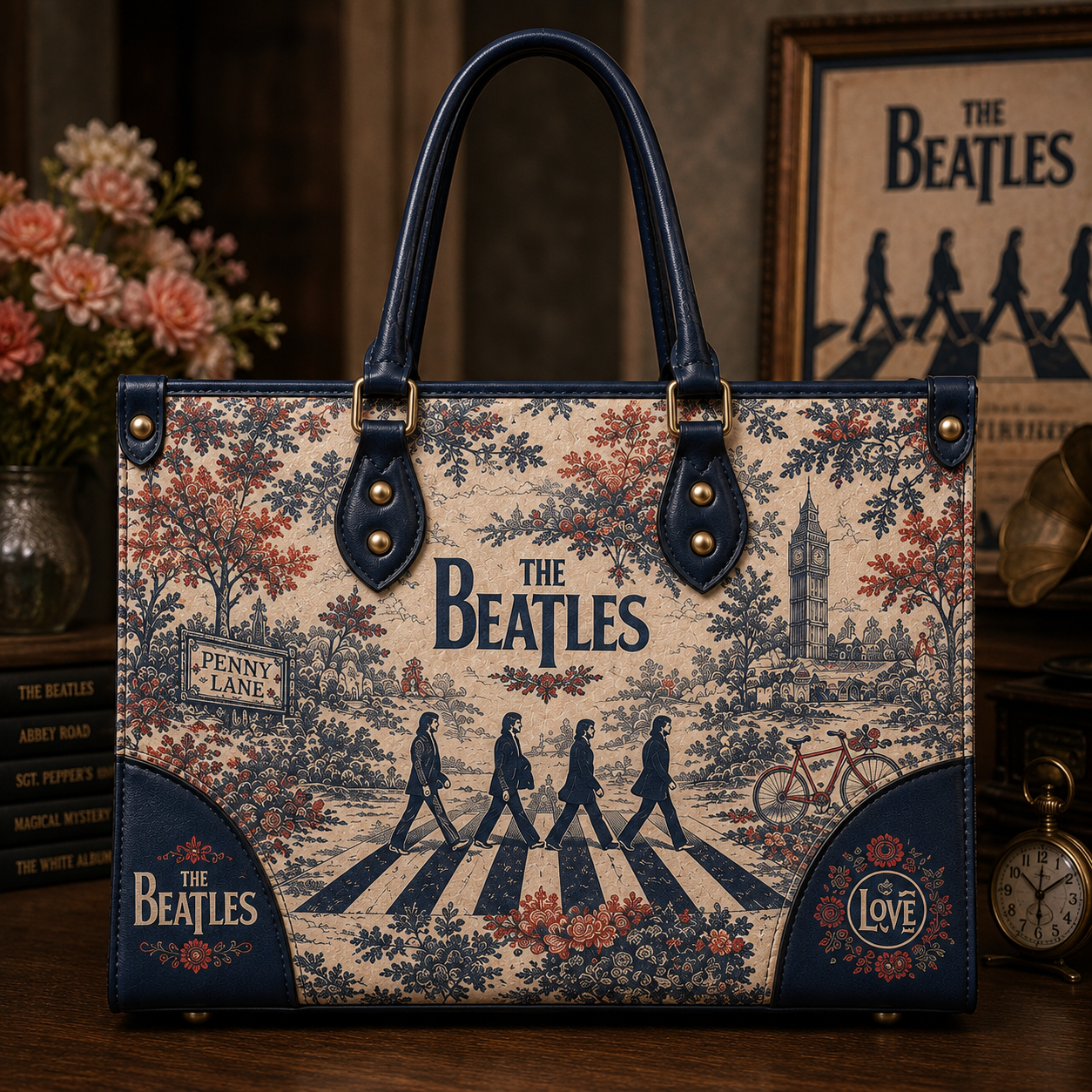 The Beatles Handbag Tote Bag & Wallet Set, Vintage Music Lover Purse Set, Retro Pop Band Leather Bag, Matching Wallet Gift