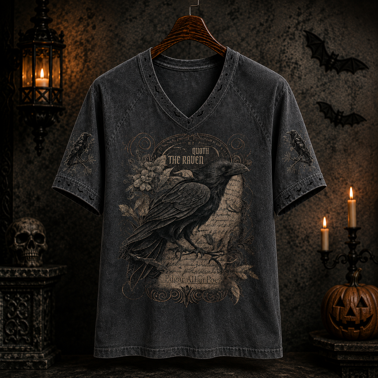 Edgar Allan Poe The Raven V-Neck Shirt, Gothic Raven Graphic Tee, Vintage Dark Academia T-Shirt, Halloween Horror Shirt, Literary Gift