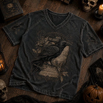 Edgar Allan Poe The Raven V-Neck Shirt, Gothic Raven Graphic Tee, Vintage Dark Academia T-Shirt, Halloween Horror Shirt, Literary Gift
