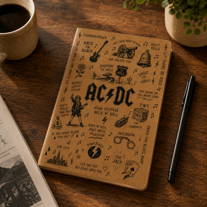 AC/DC Icons Vegan Leather Journal, Rock Band Leather Notebook, ACDC Song Lyrics Journal, Hardcover Writing Diary, Gift for AC/DC Fans