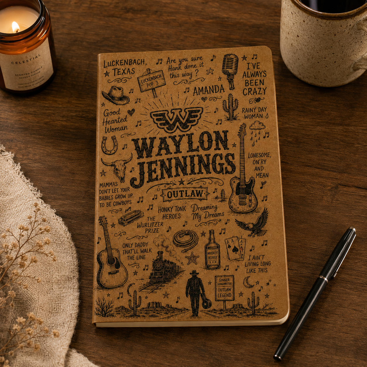 Willie Nelson Vegan Leather Journal, Willie Nelson Notebook, Outlaw Country Writing Journal, Hardcover Diary Gift for Country Music Fans