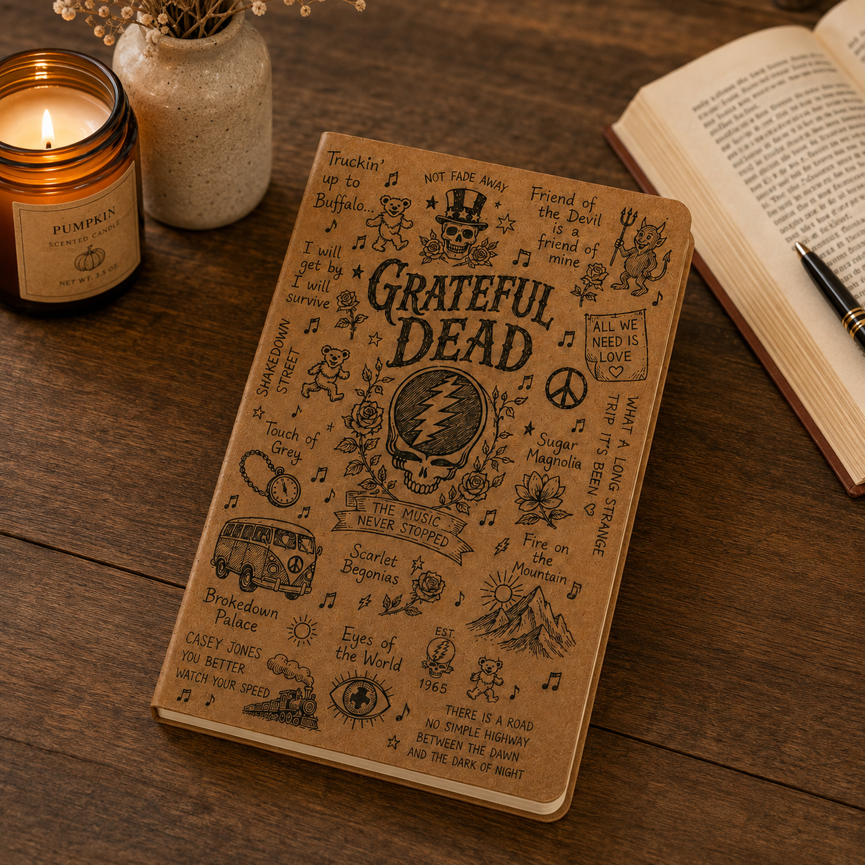Grateful Dead Vegan Leather Journal, Grateful Dead Notebook, Stealie Skull Writing Journal, Hardcover Diary, Gift for Deadhead Fans