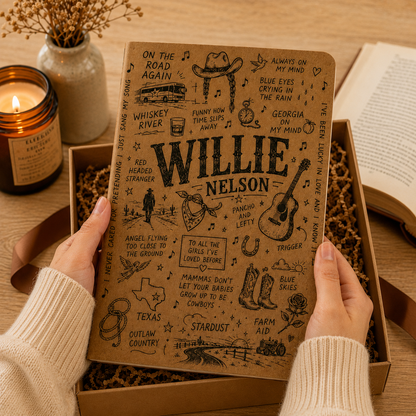 Willie Nelson Vegan Leather Journal, Willie Nelson Notebook, Outlaw Country Writing Journal, Hardcover Diary Gift for Country Music Fans
