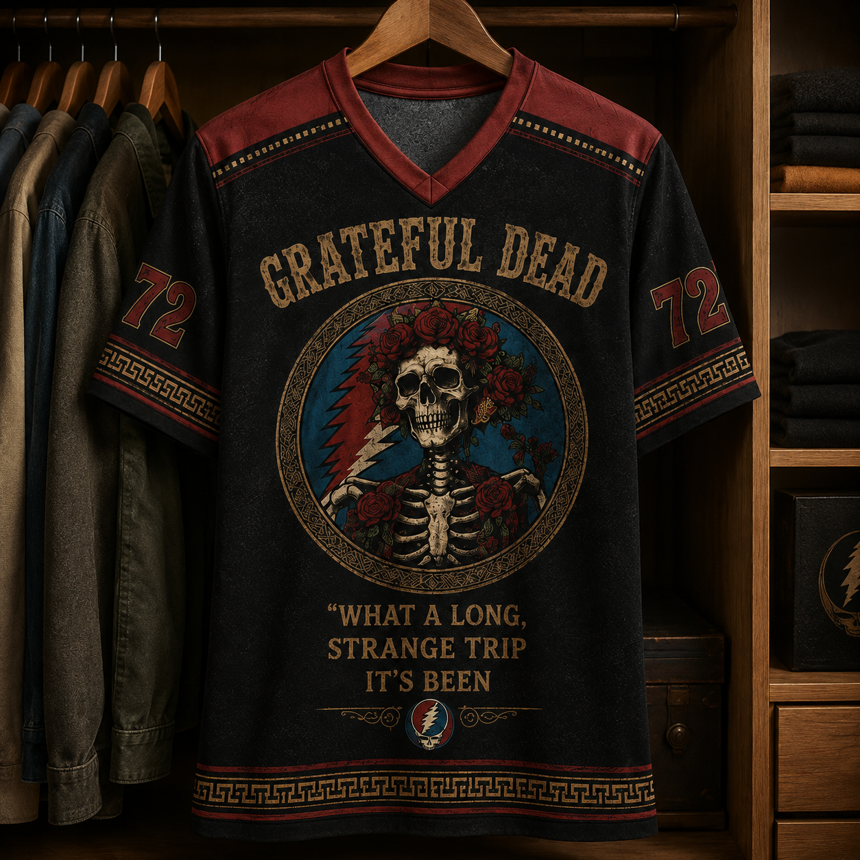 Grateful Dead Jersey Shirt, Vintage Grateful Dead V-Neck Jersey, Skeleton & Roses Graphic Shirt, Deadhead Music Gift