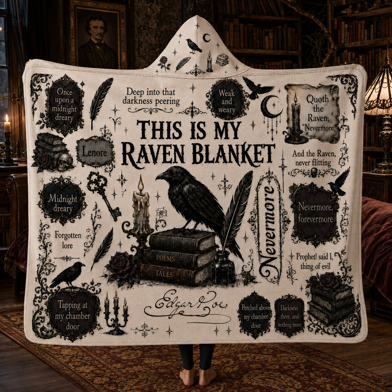 Edgar Allan Poe The Raven Hooded Blanket – Nevermore Gothic Literary Fleece Blanket, Book Lover Gift