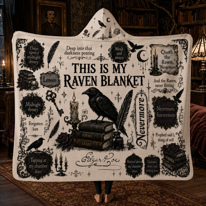 Edgar Allan Poe The Raven Hooded Blanket – Nevermore Gothic Literary Fleece Blanket, Book Lover Gift