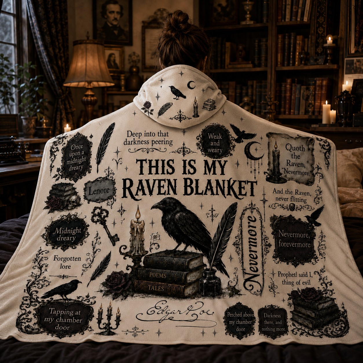 Edgar Allan Poe The Raven Hooded Blanket – Nevermore Gothic Literary Fleece Blanket, Book Lover Gift
