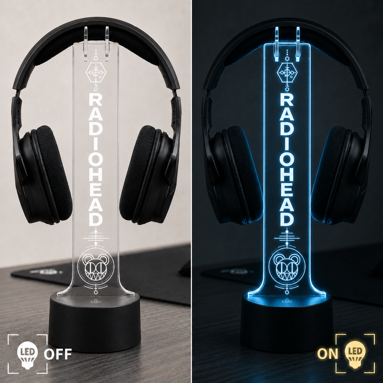 Radiohead LED Acrylic Headphone Stand – RGB Desk Headset Holder, Music Fan Gift, Gamer Headphone Display With Remote Control