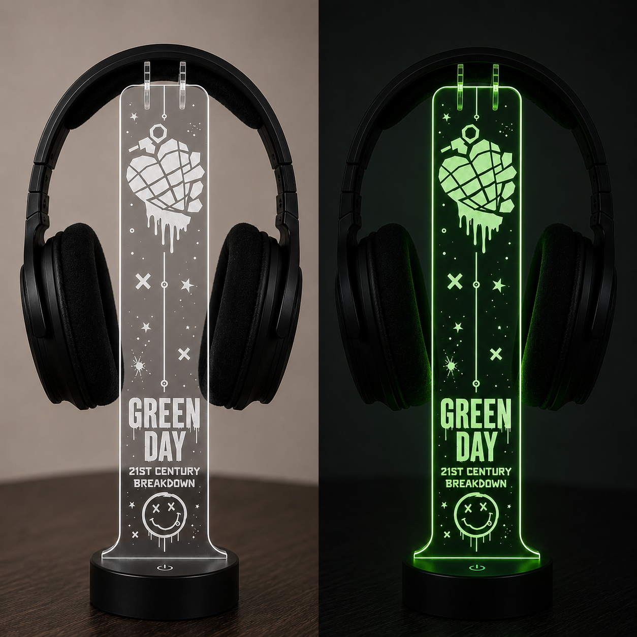 Green Day LED Acrylic Headphone Stand – RGB Desk Headset Holder, Music Fan Gift, Gamer Headphone Display With Remote Control