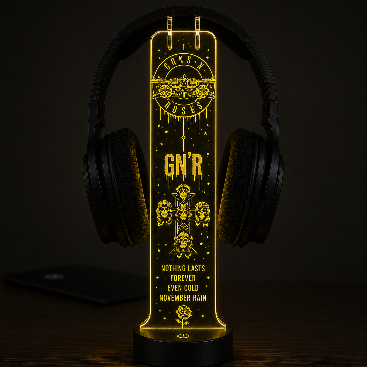 Gun N' Roses LED Acrylic Headphone Stand – RGB Desk Headset Holder, Music Fan Gift, Gamer Headphone Display With Remote Control