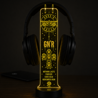 Gun N' Roses LED Acrylic Headphone Stand – RGB Desk Headset Holder, Music Fan Gift, Gamer Headphone Display With Remote Control