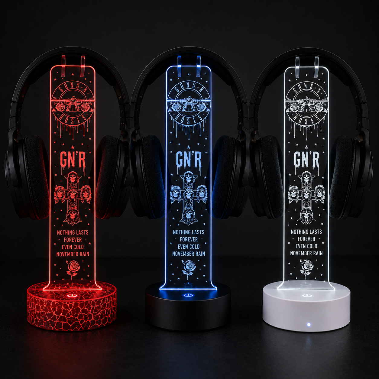 Gun N' Roses LED Acrylic Headphone Stand – RGB Desk Headset Holder, Music Fan Gift, Gamer Headphone Display With Remote Control
