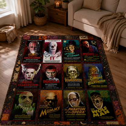 Classic Horror Characters Sherpa Blanket – Vintage Universal Monsters Halloween Cozy Sherpa Blanker