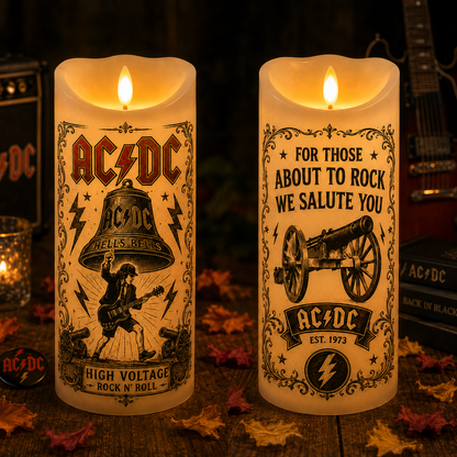 AC/DC Flameless LED Candle – For Those About to Rock We Salute You, Hells Bells Rock Music Decor, AC/DC Fan Gift