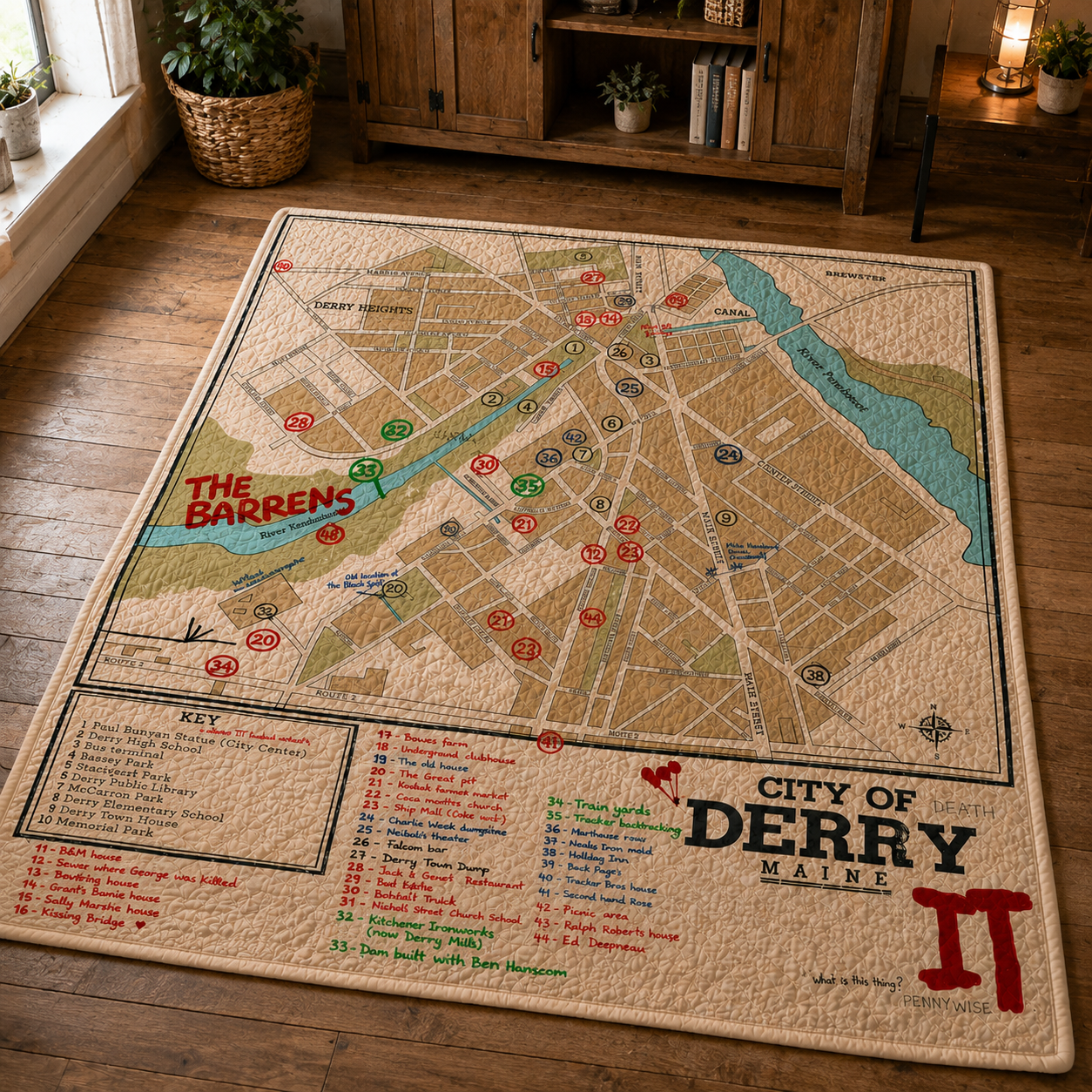 Derry Maine IT Map Quilt – Stephen King Inspired Horror Blanket, Pennywise Gothic Throw Quilt