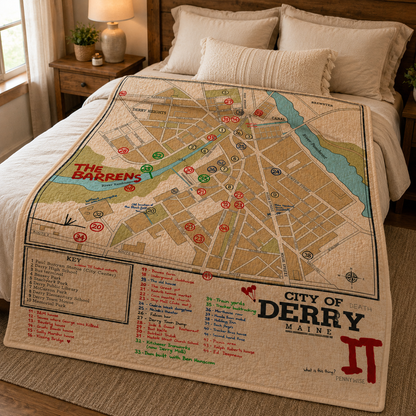 Derry Maine IT Map Quilt – Stephen King Inspired Horror Blanket, Pennywise Gothic Throw Quilt