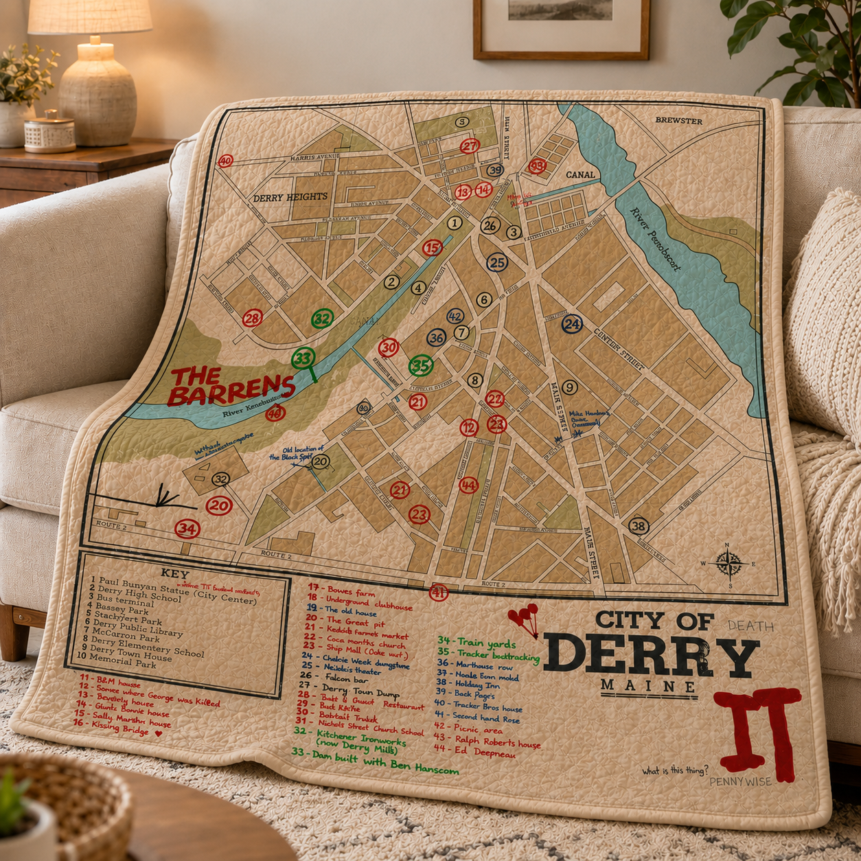 Derry Maine IT Map Quilt – Stephen King Inspired Horror Blanket, Pennywise Gothic Throw Quilt