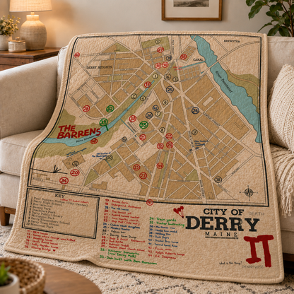 Derry Maine IT Map Quilt – Stephen King Inspired Horror Blanket, Pennywise Gothic Throw Quilt
