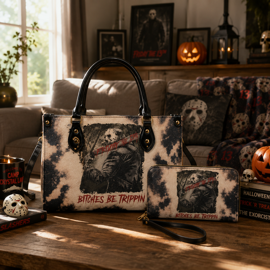 Jason Vorhess Friday The 13th Leather Handbag, Tote Bag and Wallet Set, Horror Film Lover Handbag