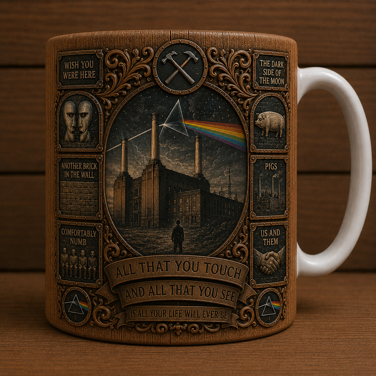 Pink Floyd Vintage Wood Style Mug – Pink Floyd Ceramic Coffee Mug, Classic Rock Music Fan Gift
