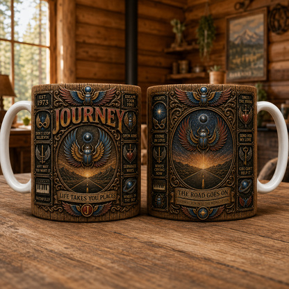 Journey Vintage Wood Style Mug – Journey Band Ceramic Coffee Mug, Classic Rock Fan Gift