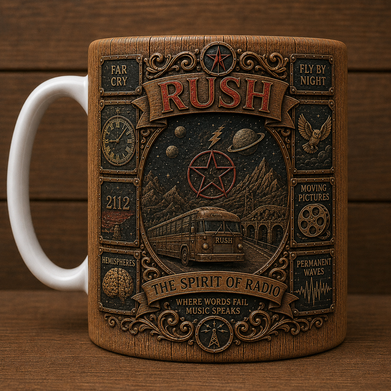 Rush Vintage Wood Style Mug – Rush Progressive Rock Ceramic Coffee Mug, Classic Music Fan Gift