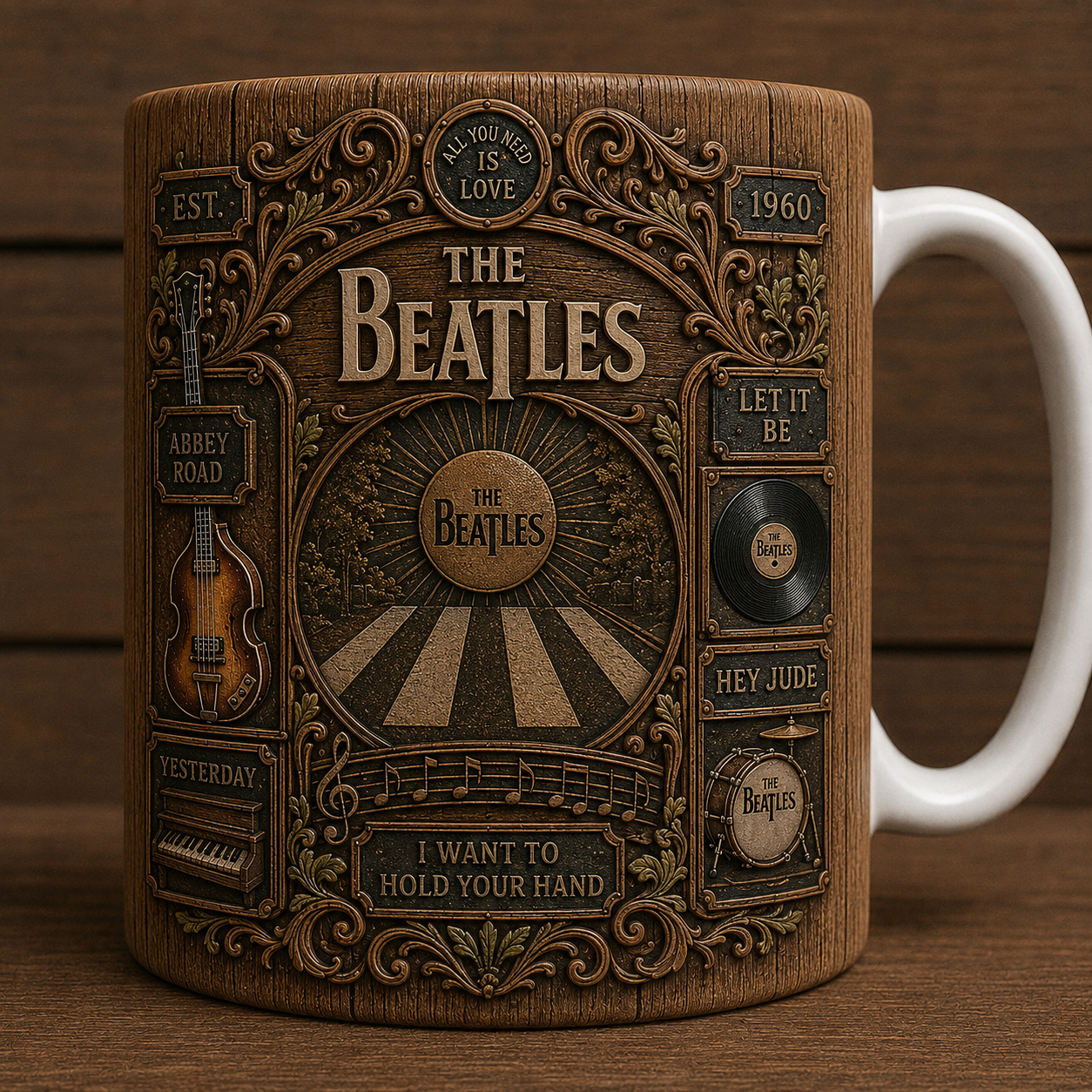 The Beatles Vintage Wood Style Mug – Beatles Ceramic Coffee Mug, Classic Rock Music Fan Gift