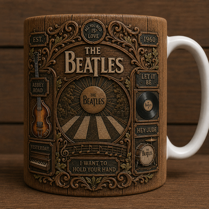 The Beatles Vintage Wood Style Mug – Beatles Ceramic Coffee Mug, Classic Rock Music Fan Gift