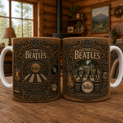 The Beatles Vintage Wood Style Mug – Beatles Ceramic Coffee Mug, Classic Rock Music Fan Gift