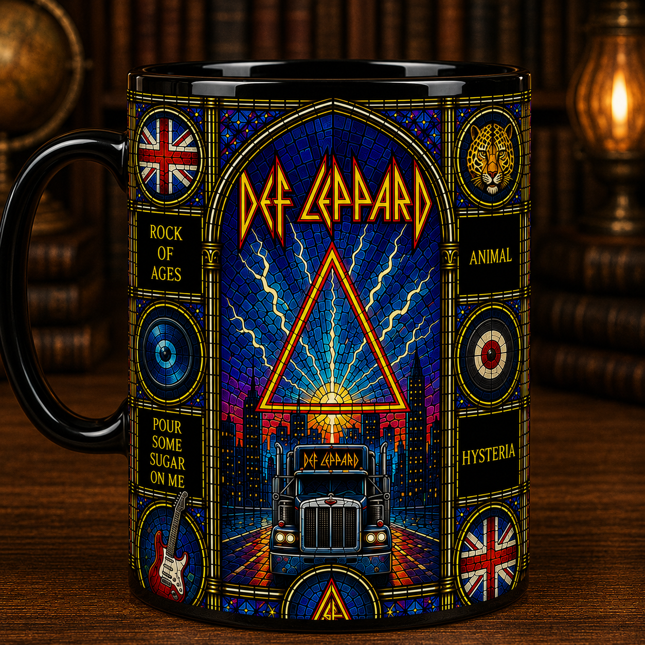 Def Leppard Stained Glass Black Mug – Def Leppard Ceramic Coffee Mug, Classic Rock Band Fan Gift