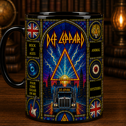 Def Leppard Stained Glass Black Mug – Def Leppard Ceramic Coffee Mug, Classic Rock Band Fan Gift