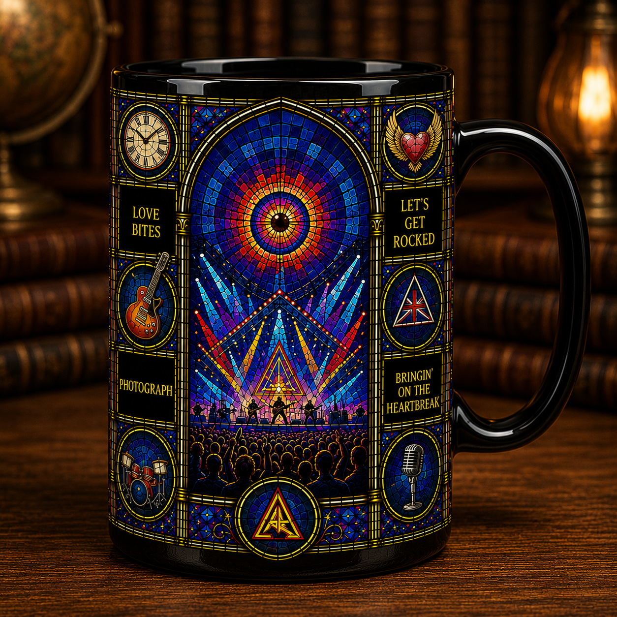 Def Leppard Stained Glass Black Mug – Def Leppard Ceramic Coffee Mug, Classic Rock Band Fan Gift