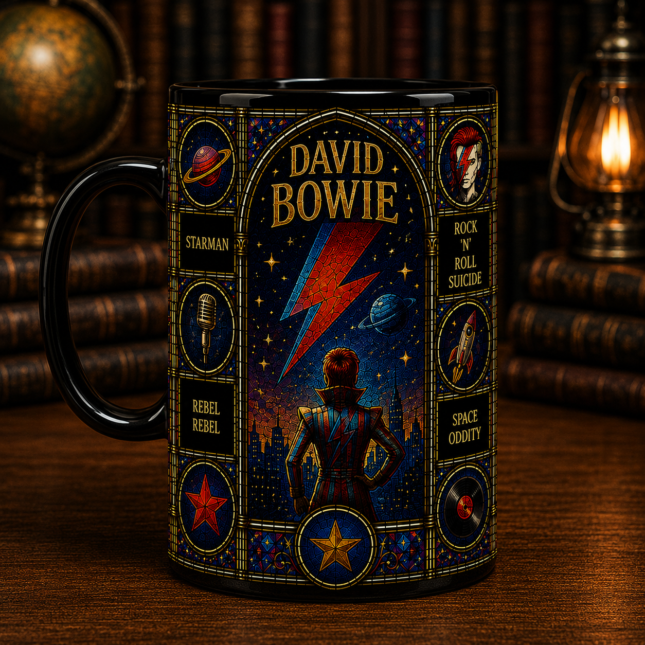 David Bowie Stained Glass Black Mug – David Bowie Ceramic Coffee Mug, Glam Rock Music Fan Gift