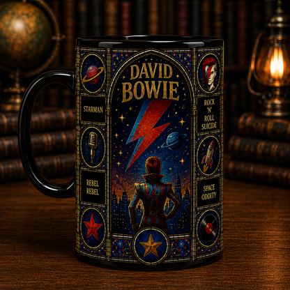 David Bowie Stained Glass Black Mug – David Bowie Ceramic Coffee Mug, Glam Rock Music Fan Gift