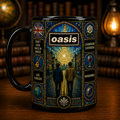 Oasis Stained Glass Black Mug – Oasis Band Ceramic Coffee Mug, Britpop Music Fan Gift