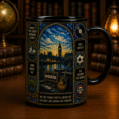Oasis Stained Glass Black Mug – Oasis Band Ceramic Coffee Mug, Britpop Music Fan Gift