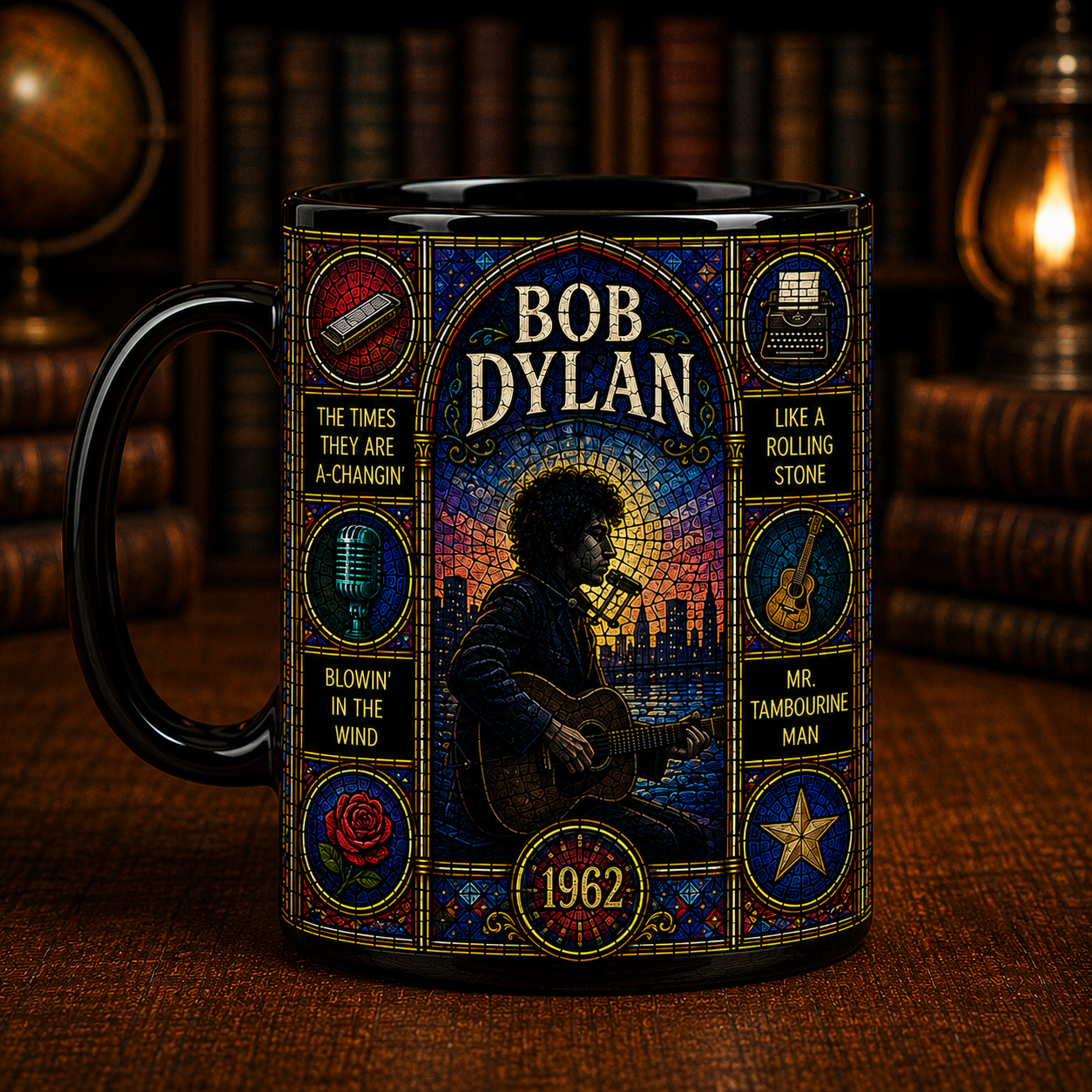 Bob Dylan Stained Glass Black Mug – Bob Dylan Ceramic Coffee Mug, Folk Rock Music Lover Gift